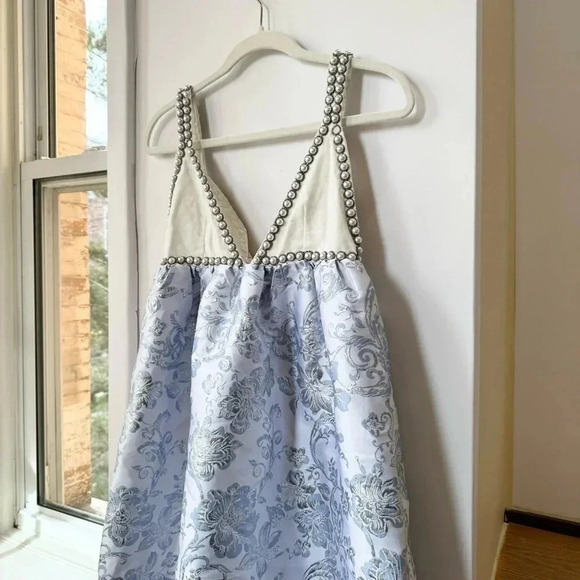 New Free People Pearl Embellished Jacquard Floral Mini Dress White Blue - Picture 15 of 17